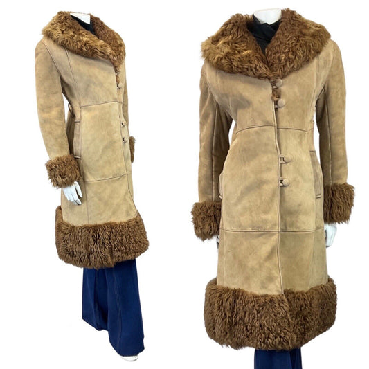 VINTAGE 60s 70s PEANUT BROWN SHEARLING SUEDE LEATHER BOHO PRINCESS COAT 12