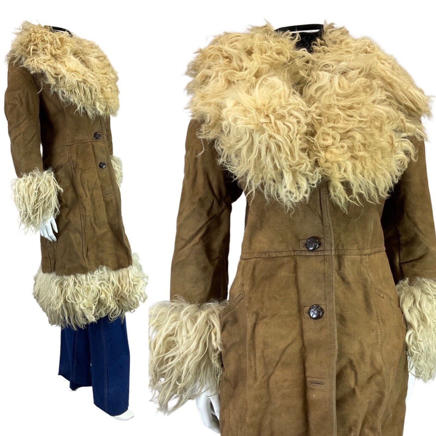 VINTAGE 60s 70s BROWN CREAM BOHO SUEDE SHEEPSKIN SHEARLING LONG COAT 10