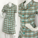 VINTAGE 60s 70s CREAM BLUE BROWN TARTAN PLAID MOD SHIRT COLLAR DRESS 12