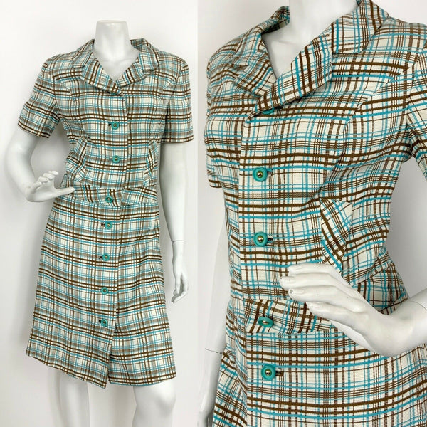 VINTAGE 60s 70s CREAM BLUE BROWN TARTAN PLAID MOD SHIRT COLLAR DRESS 12