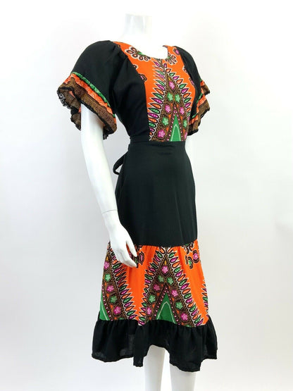 VINTAGE 60s 70s BLACK ORANGE GREEN FLORAL BOHO FOLK RUFFLED MIDI DRESS 12 14