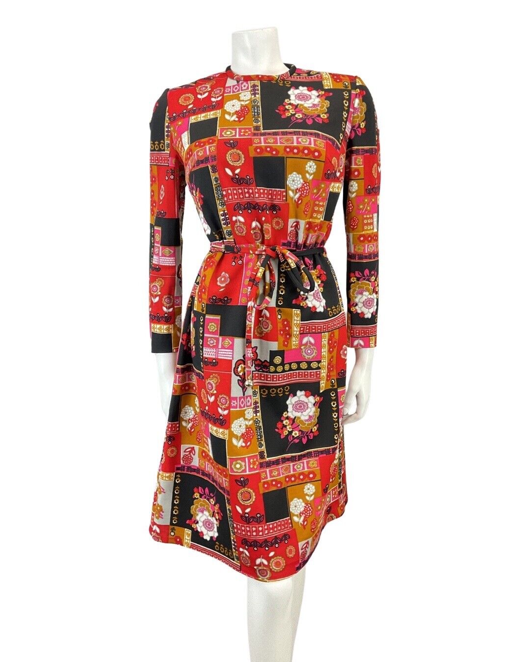 VINTAGE 60s 70s RED BLACK GOLD PATCHWORK FLORAL DAISY BELTED MOD DRESS 12 14