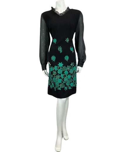 VINTAGE 60s 70s BLACK TURQUOISE GREEN MOD DISCO PARTY CHRISTMAS EVENING DRESS 12