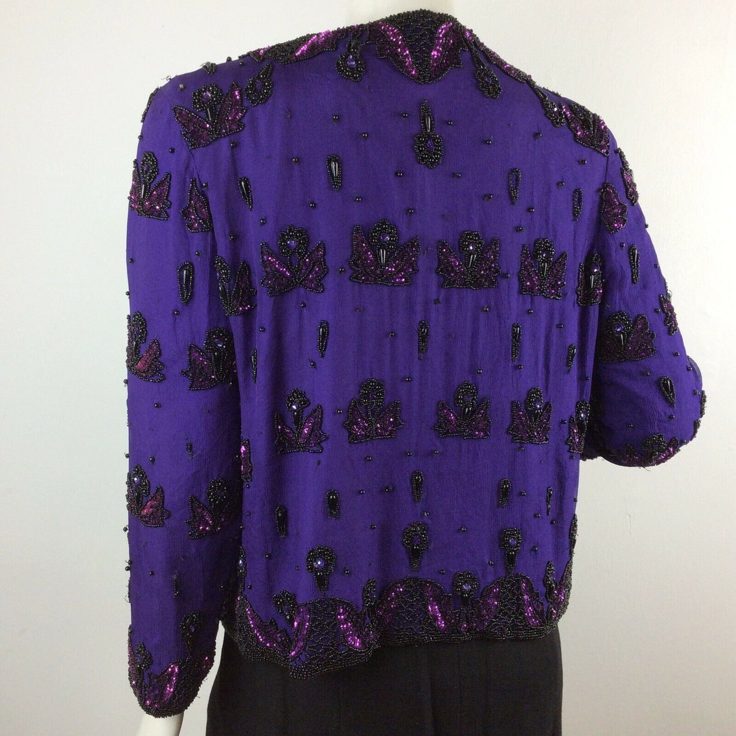 VINTAGE 70S 80S PURPLE EVENING PARTY BLACK PINK BEAD FLOWER TROPHY JACKET 10 12