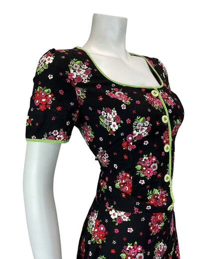 VINTAGE 60s 70s BLACK PINK RED GREEN FLORAL BOUQUET SUMMER PRAIRIE MOD DRESS 10