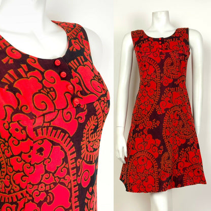 VINTAGE 60s 70s RED BLUE FLORAL PAISLEY EMPIRE LINE SLEEVELESS MOD DRESS 6 8