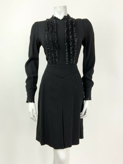 VINTAGE 60s 70s BLACK RUFFLE MANDARIN COLLAR SHORT FLARED DRESS 10