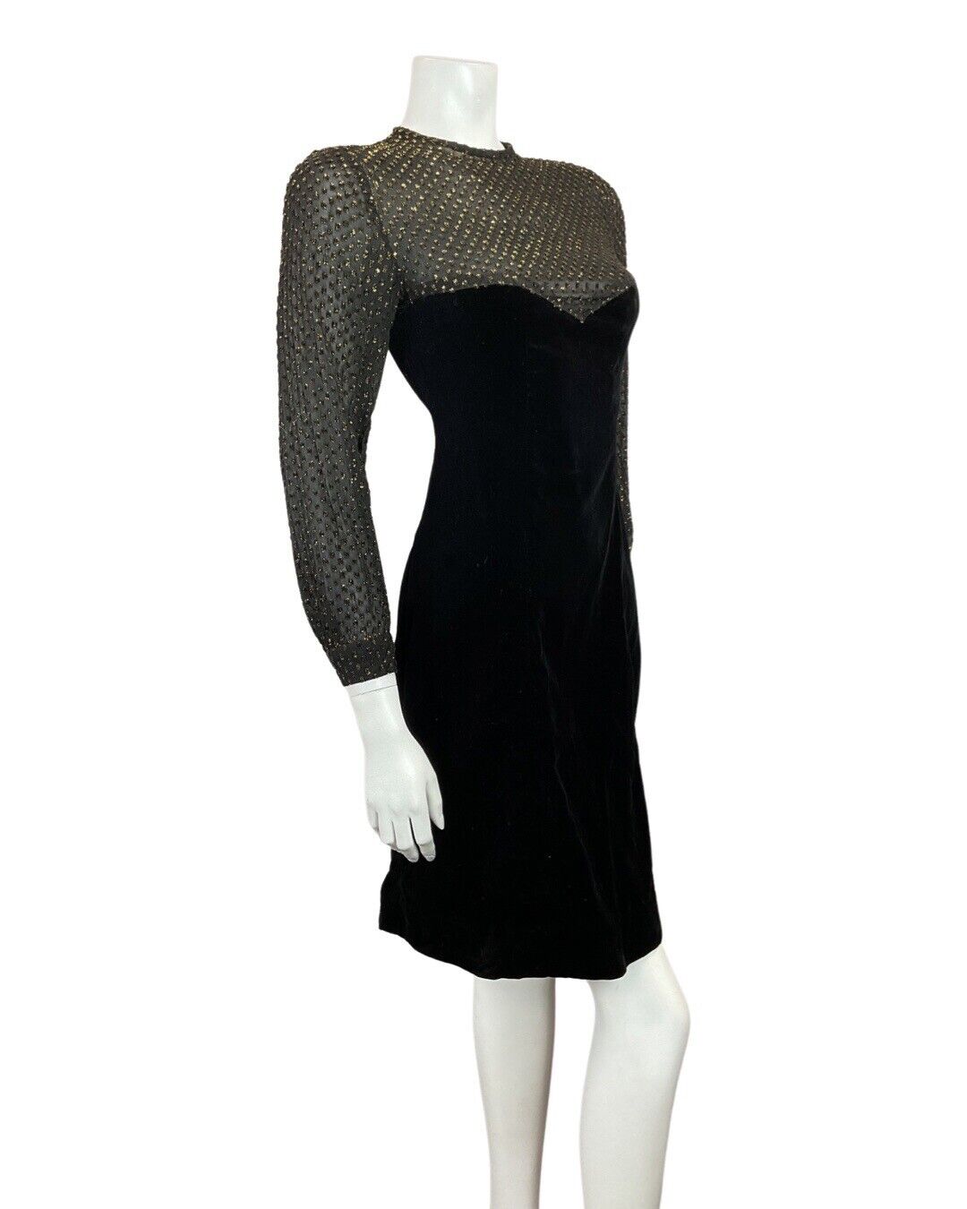 VINTAGE 60s 70s BLACK GOLD POLKA-DOT SHEER VELVET PARTY SHORT DRESS 8