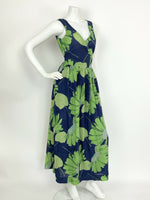 VTG 60s 70s NAVY BLUE LIME GREEN TEAL FLORAL LEAF GEOMETRIC WRAP MAXI DRESS 8