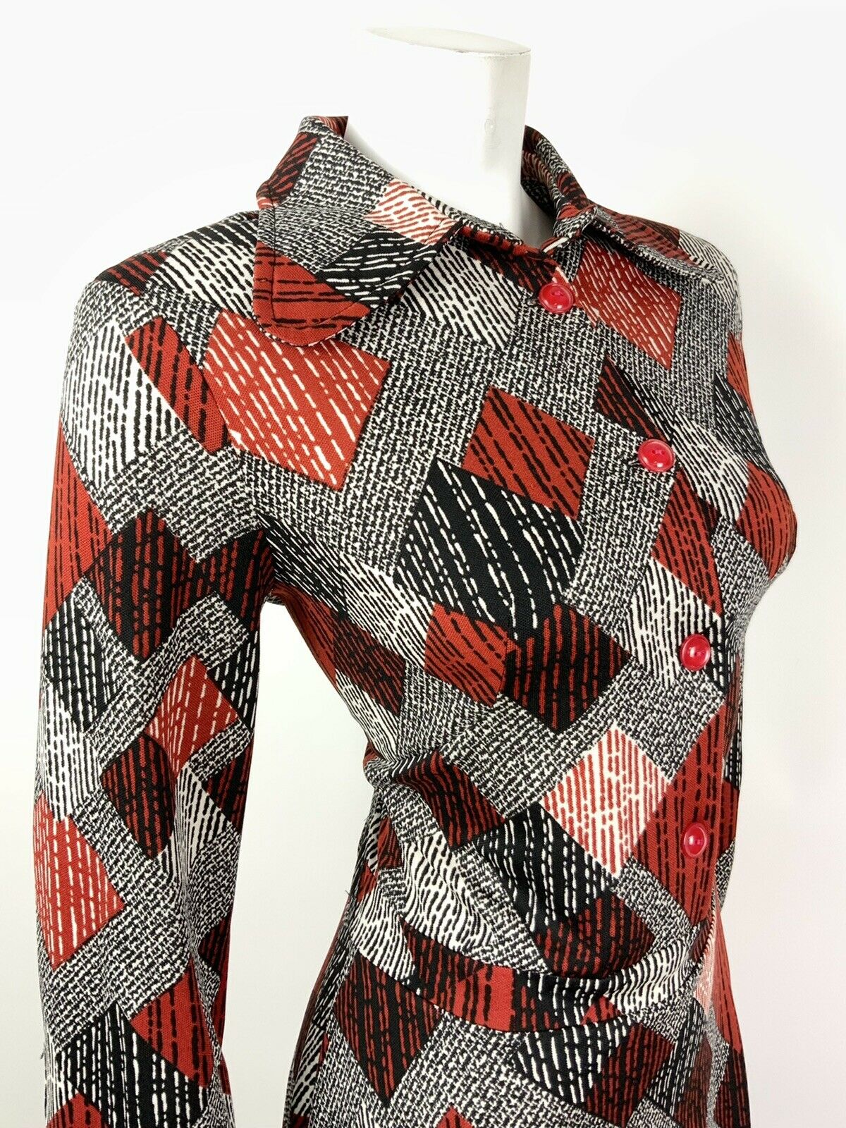 VTG 60s 70s BLACK WHITE RED GEOMETRIC STRIPED DOG EAG COLLAR SHIRT DRESS 14 16