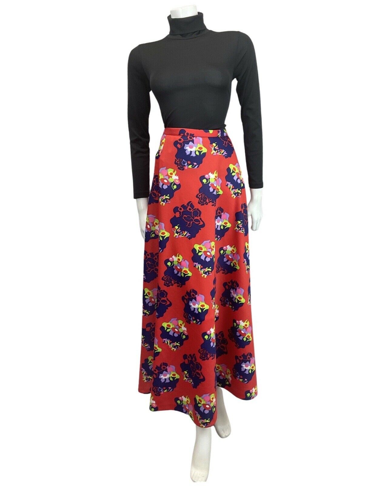 VINTAGE 60s 70s RED BLUE GREEN FLORAL ABSTRACT MOD MAXI SKIRT 10 12