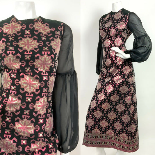 VTG 60s 70s BLACK METALLIC PINK GOLD AZTEC GEOMETRIC SHEER MAXI DRESS 10