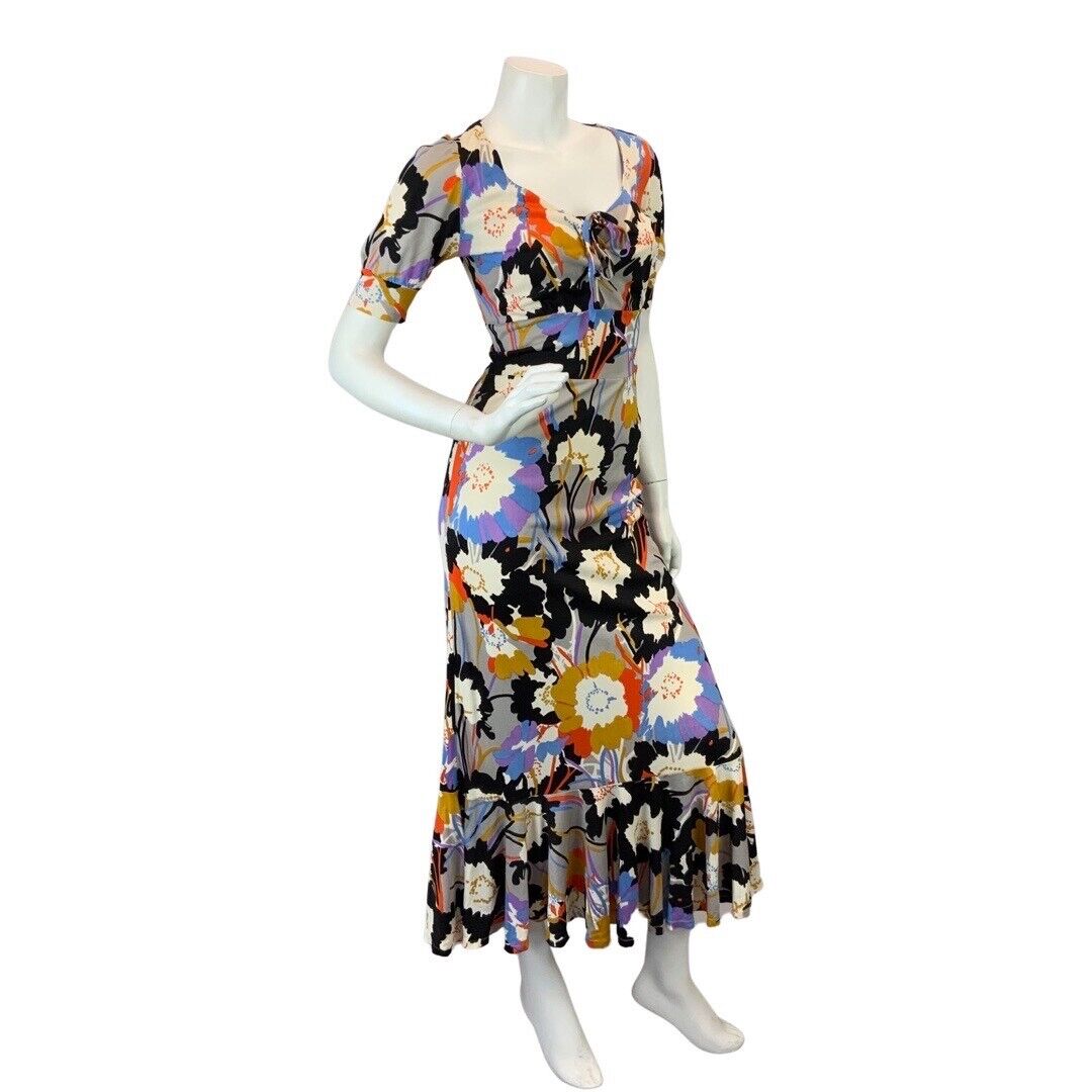 VINTAGE 60s 70s BLACK WHITE BLUE PSYCHEDELIC FLORAL RUFFLE MOD MIDI DRESS 6