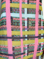 VINTAGE 60s 70s BLUE PINK YELLOW CHECKED BATIK MOD SHEER STRAPPY MINI DRESS 6 8