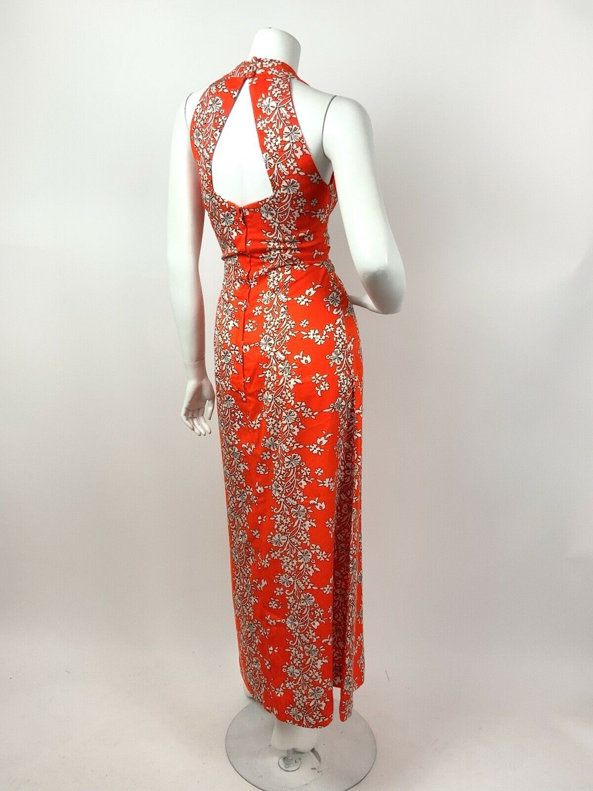 VTG 60s 70s NEON ORANGE WHITE HAWAIIAN FLORAL PLUNGING HALTER MAXI DRESS 8 10