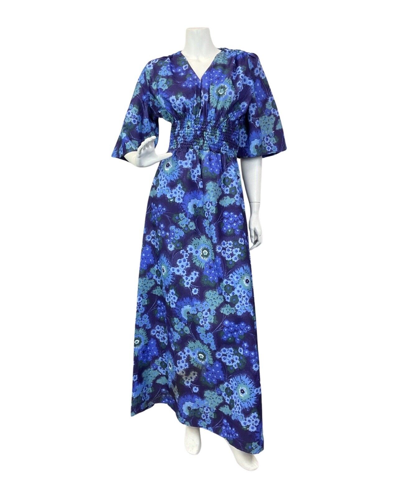 VINTAGE 60s 70s BLUE PSYCHEDELIC FLORAL SHIRRED BOHO MAXI DRESS 8