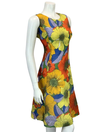 VINTAGE YELLOW ORANGE BLUE GREEN FLORAL PRINT FLOATY MIDI DRESS 14