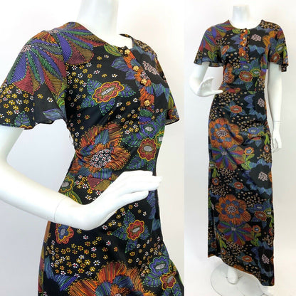 VTG 60s 70s BLACK MULTICOLOURED FLORAL STRIPED BELL SLEEVE MOD MAXI DRESS 10 12