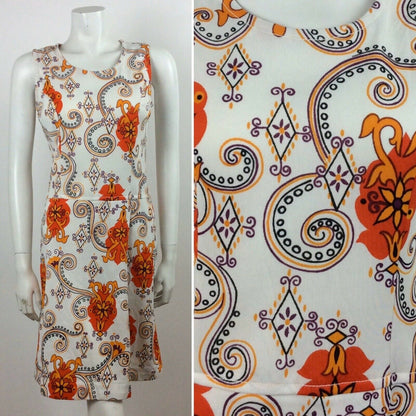 VINTAGE 60S WHITE ORANGE PURPLE YELLOW PAISLEY MINI DRESS 12