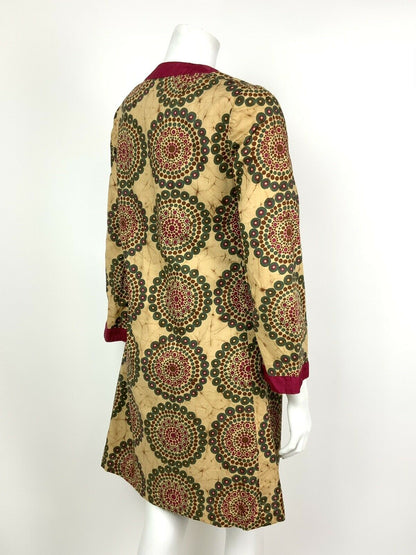 VINTAGE 60s 70s BROWN GREEN PURPLE GEOMETRIC MANDALA BOHO SHIFT DRESS 8 10