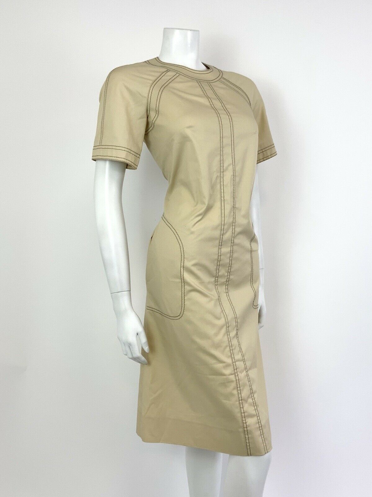 VINTAGE 60s 70s CREAM BEIGE BROWN MOD MIDI DRESS 10 12