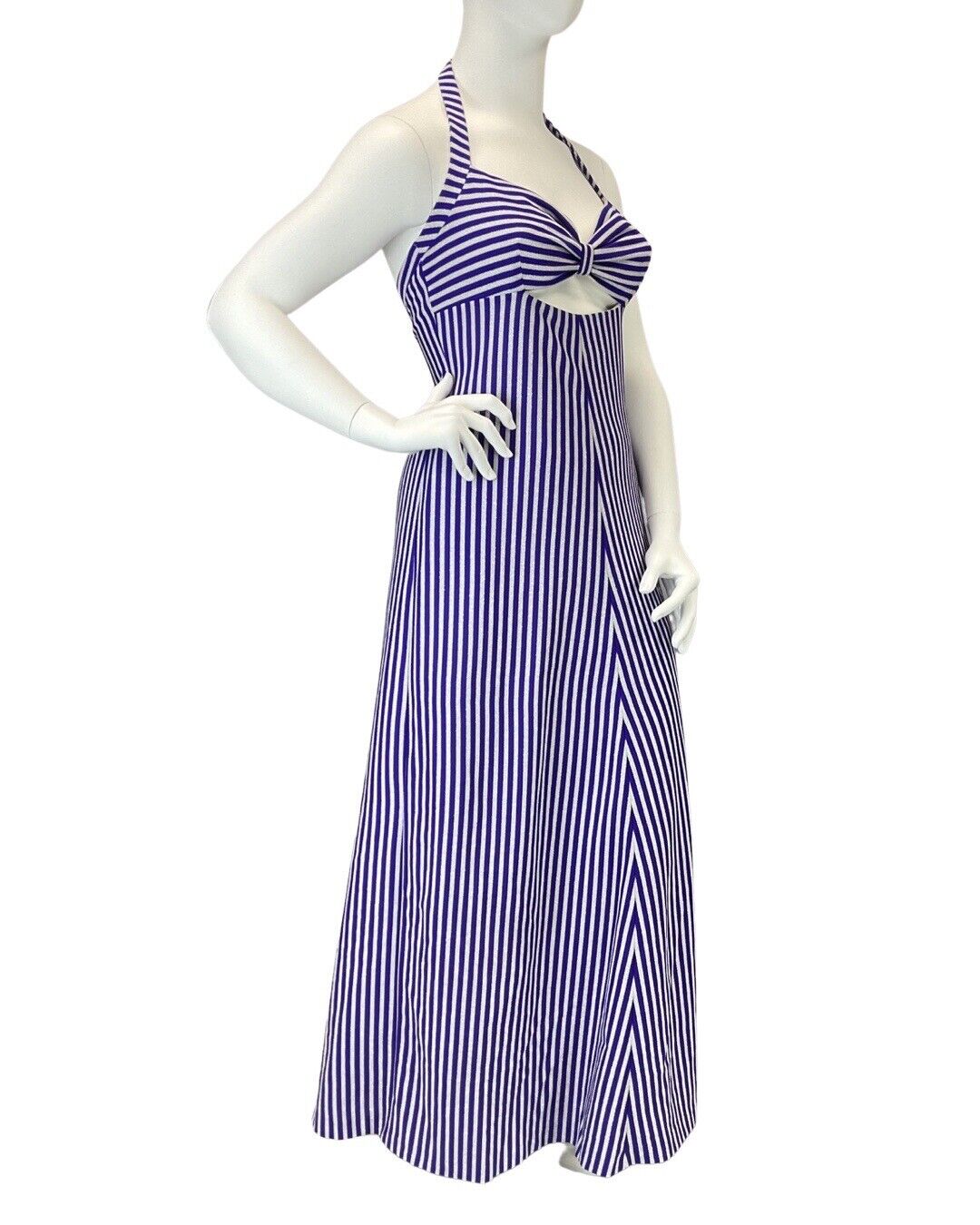 VINTAGE 60s 70s PURPLE SILVER STRIPED CUT-OUT DISCO PARTY HALTER MAXI DRESS 14