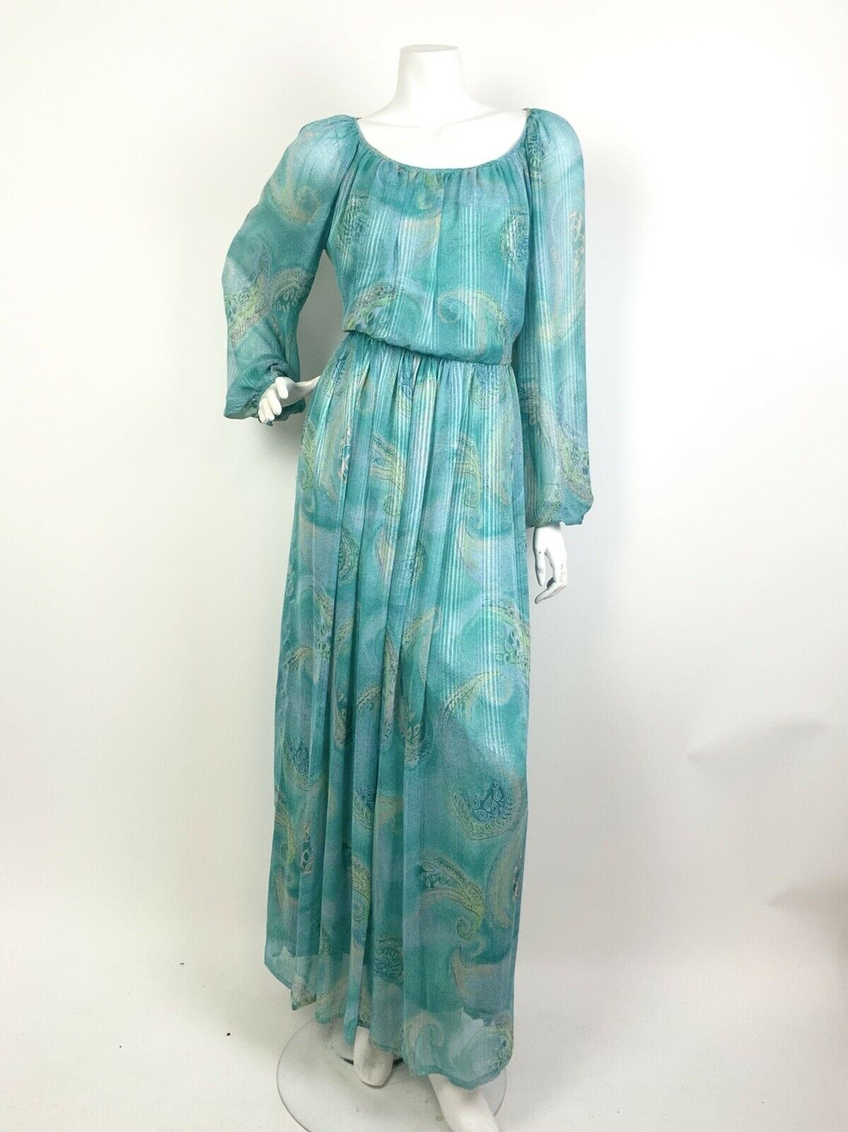 VINTAGE 60s 70s BLUE PEACH LILAC GREEN BOTEH PAISLEY SHEER BOHO MAXI DRESS 10 12