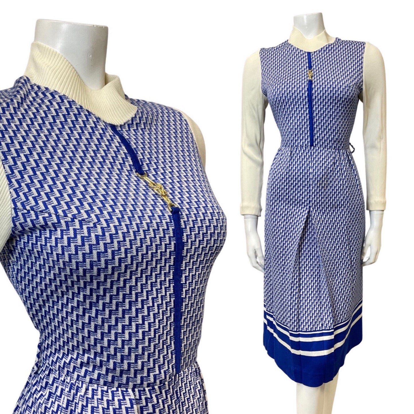 VINTAGE 70s BLUE WHITE GEOMETRIC ZIG-ZAG KNITTED LONG-SLEEVE MIDI DRESS 8 10