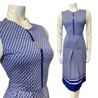 VINTAGE 70s BLUE WHITE GEOMETRIC ZIG-ZAG KNITTED LONG-SLEEVE MIDI DRESS 8 10