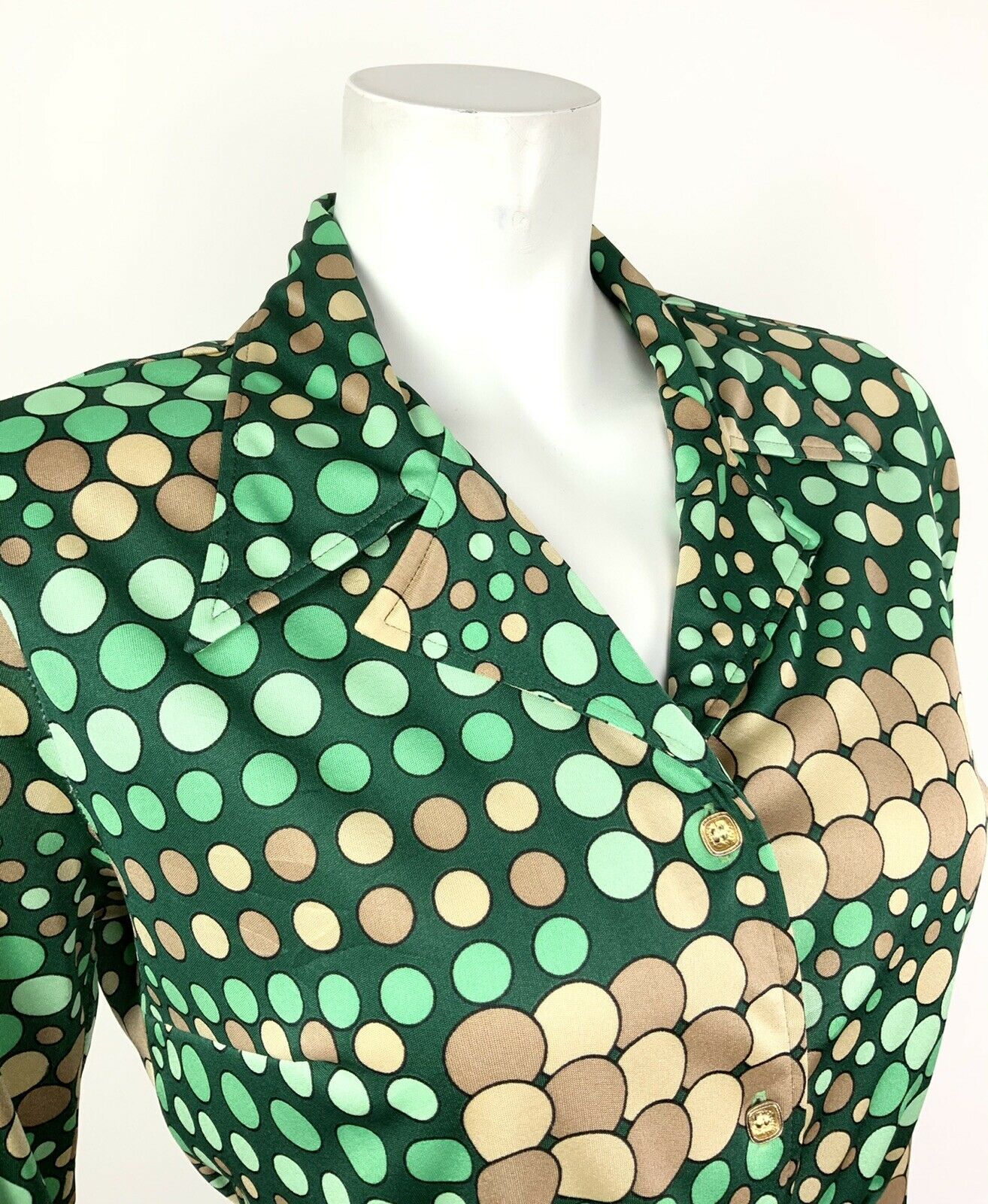 VINTAGE 60s 70s GREEN BEIGE GOLD CIRCLE SPOTTY DAGGER SHIRT 12 14 16