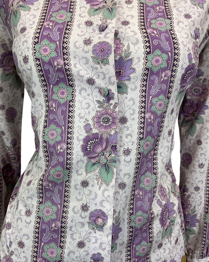 VINTAGE 60s 70s PURPLE LILAC FLORAL PAISLEY BOHO HIPPY BLOUSE 12 14