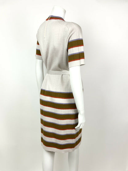 VINTAGE 60s 70s MOD SILVER BROWN PURPLE RED STRIPED BELTED DRESS 14 16