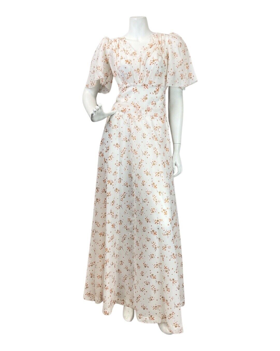 VINTAGE 60s 70s WHITE ORANGE BROWN FLORAL DITSY PRAIRIE BOHO MAXI DRESS 12 14