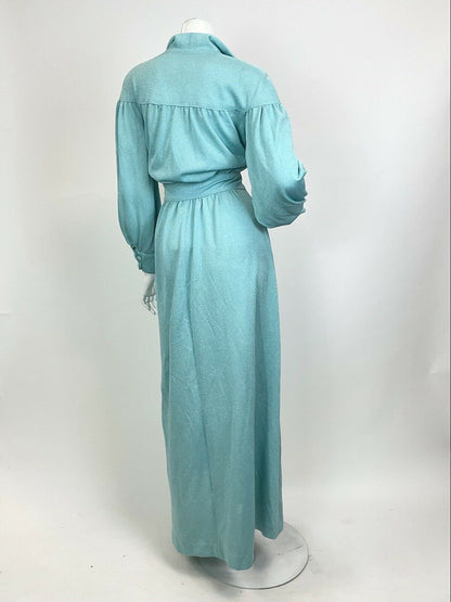 VTG 60s 70s BABY BLUE LUREX GLITTERY MOD STUDIO 54 DAGGER SHIRT MAXI DRESS 10