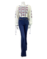 VINTAGE 60s 70s WHITE BLUE RED CROSS-STITCH EMBROIDERED FOLK BOHO BLOUSE 10 12