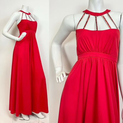 VTG 60s 70s CHERRY RED SILVER SEQUIN STUDIO 54 DISCO PARTY MAXI HALTER DRESS 8