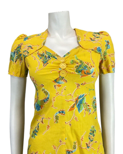 VINTAGE 60s YELLOW BLUE ORANGE FLORAL VINE MOD SUMMER MINI DRESS 8