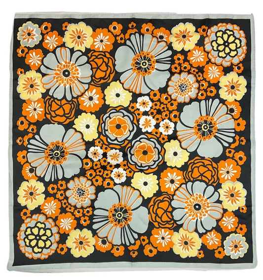 VINTAGE 60s 70s GREY BLACK ORANGE PSYCHEDELIC FLORAL MOD SQUARE SCARF