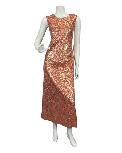 VINTAGE 60s 70s ORANGE GOLD FLORAL SWIRLING BROCADE MOD SLEEVELESS MAXI DRESS 12