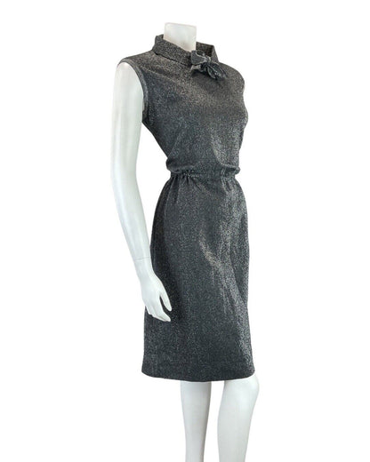 VINTAGE 60s 70s GREY SILVER LUREX GLITTER DISCO PARTY MOD SLEEVELESS DRESS 10 12