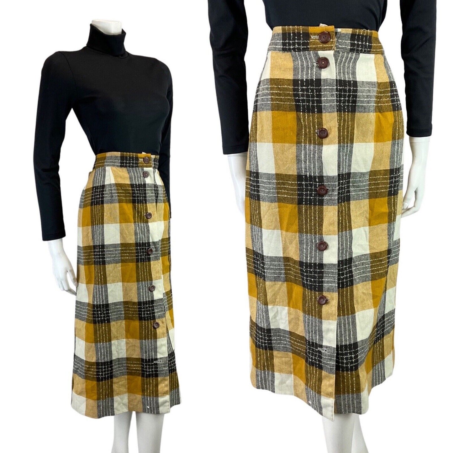 VINTAGE 60s 70s YELLOW BLACK WHITE CHECKED MOD WOOL KNEE-LENGTH SKIRT 12 14