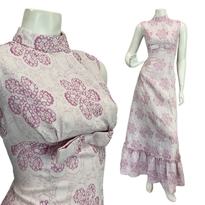 VINTAGE 60s 70s PASTEL PURPLE PINK FLORAL BOW MOD SLEEVELESS MAXI DRESS 10 12