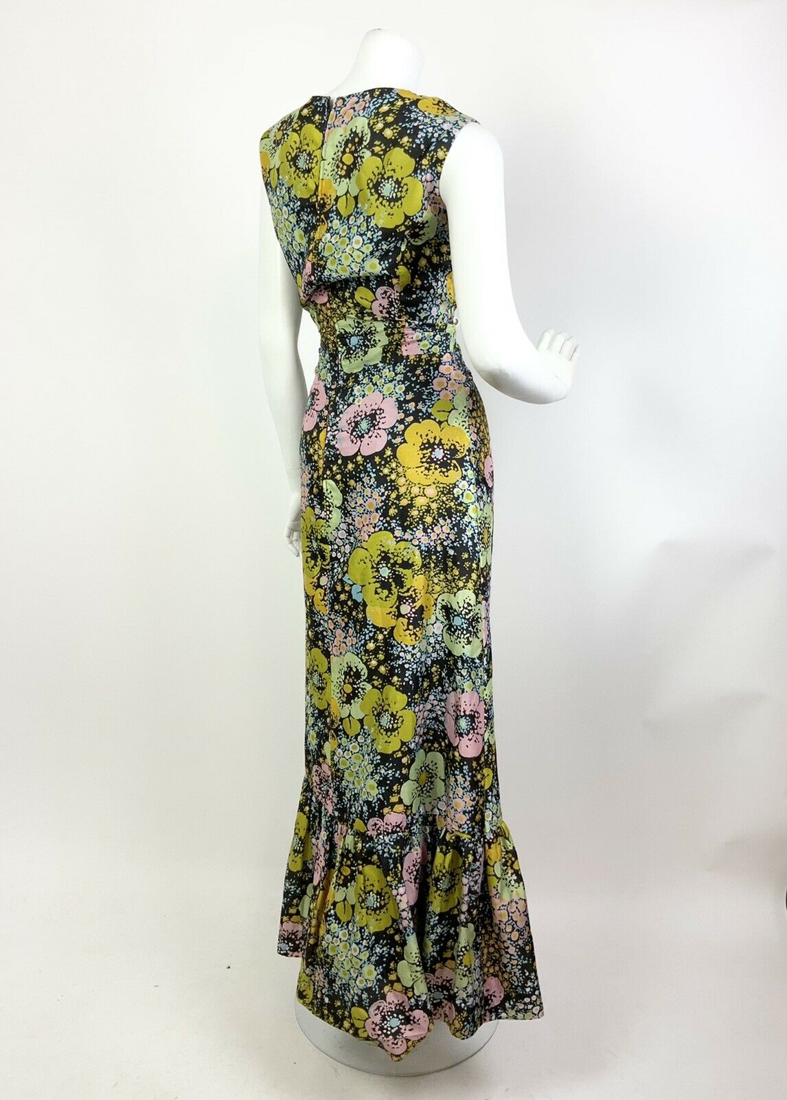 VINTAGE 60s 70s BLACK YELLOW PINK BLUE PSYCHEDELIC FLORAL DOTTY MAXI DRESS 12