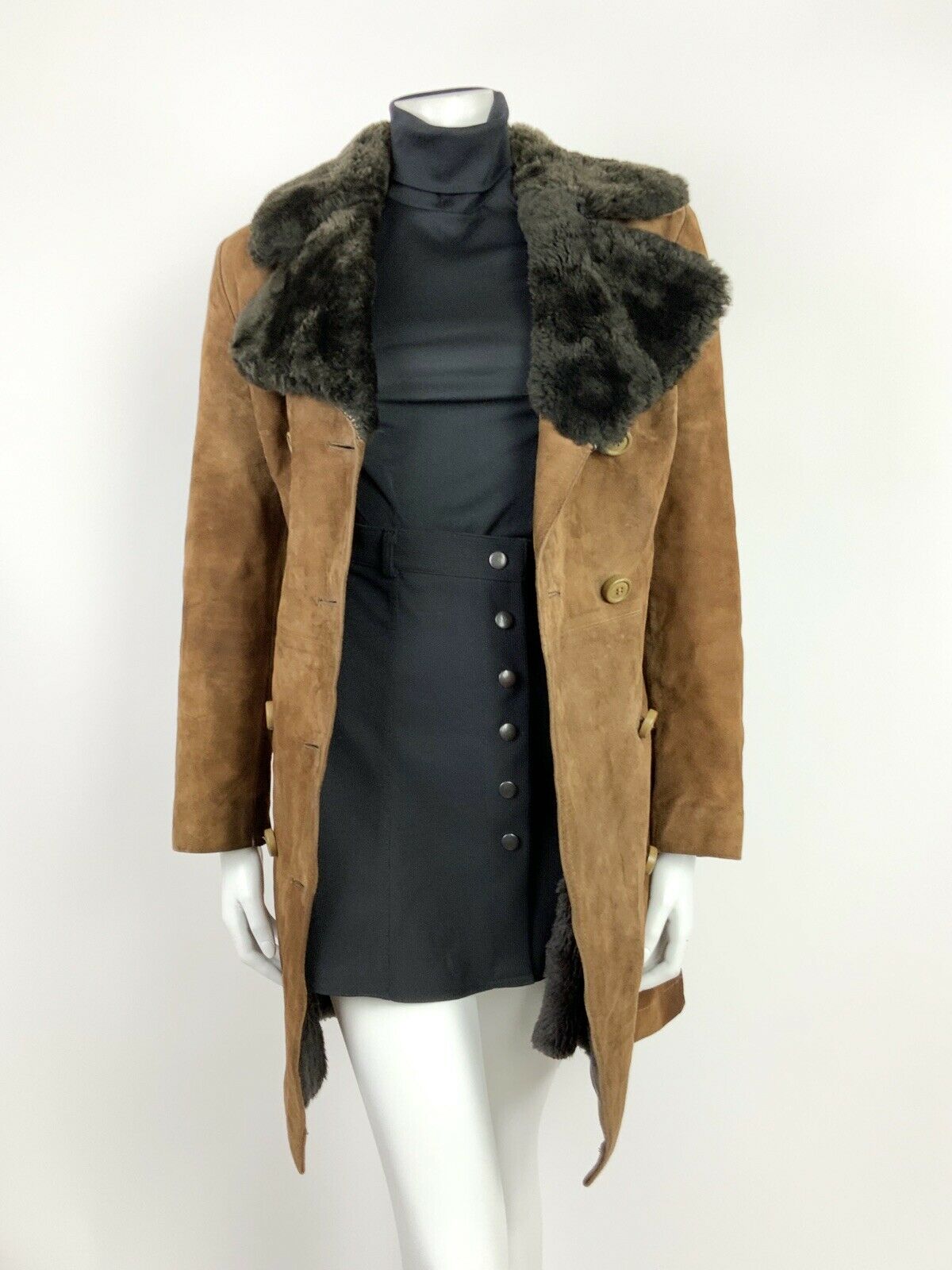 VTG 60s 70s BROWN BLACK SUEDE LEATHER FAUX FUR SHEARLING SHEEPSKIN COAT 12 14