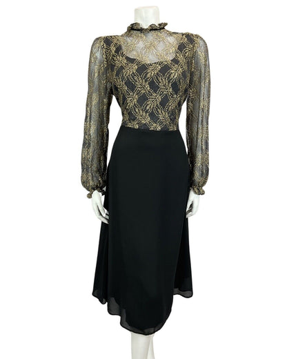 VTG 60s 70s BLACK GOLD LACE DISCO MOD MINI PARTY CHRISTMAS EVENING DRESS 16 18