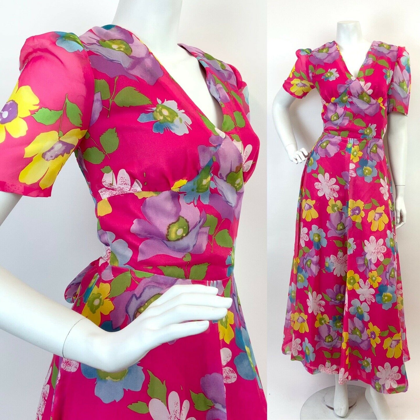 VINTAGE 60s 70s BRIGHT PINK BLUE PURPLE GREEN FLORAL SHEER FLOATY MAXI DRESS 8