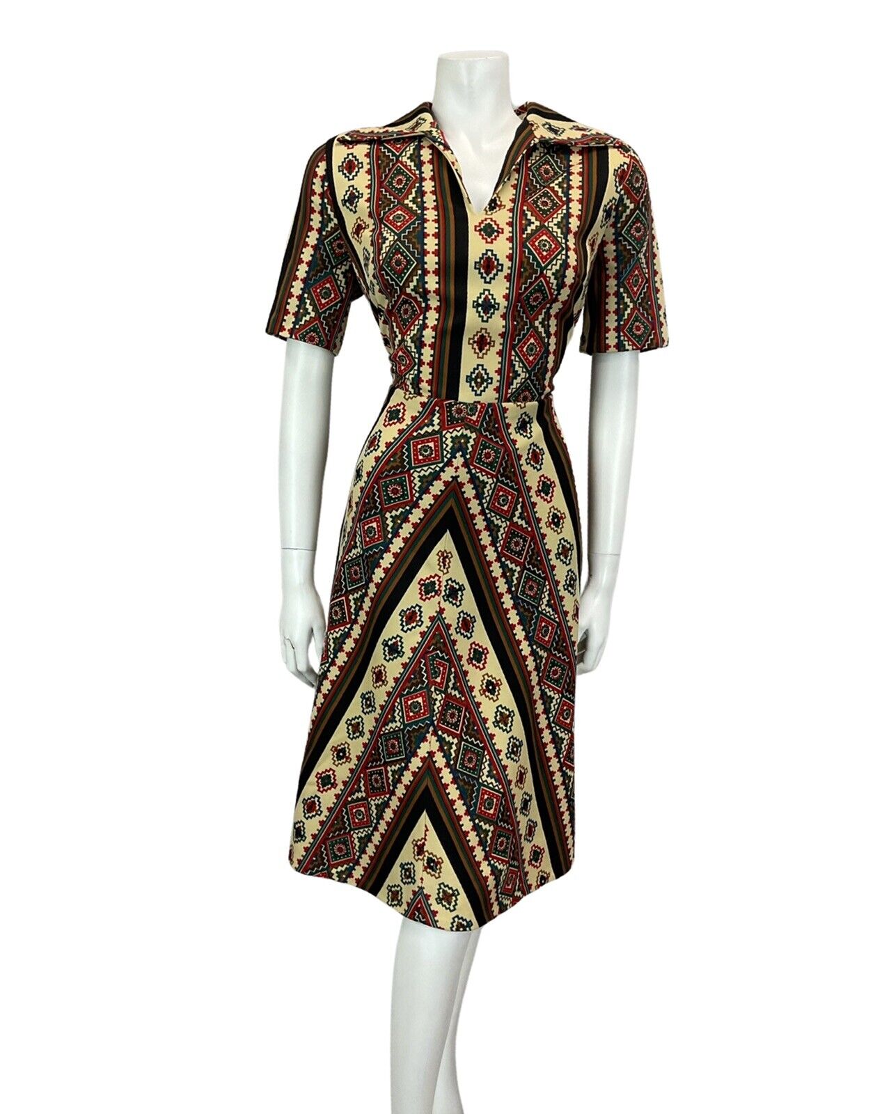 VINTAGE 60s 70s TAN BROWN RED AZTEC FOLK A LINE MIDI DRESS 14