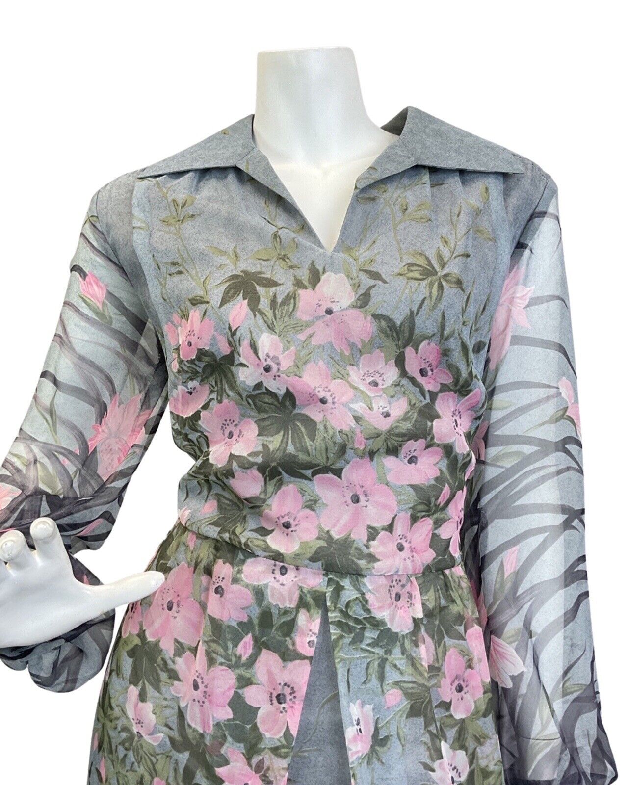 VINTAGE 60s 70s GREY PINK WHITE FLORAL BLOSSOM SHEER SHIRT COLLAR MAXI DRESS 14