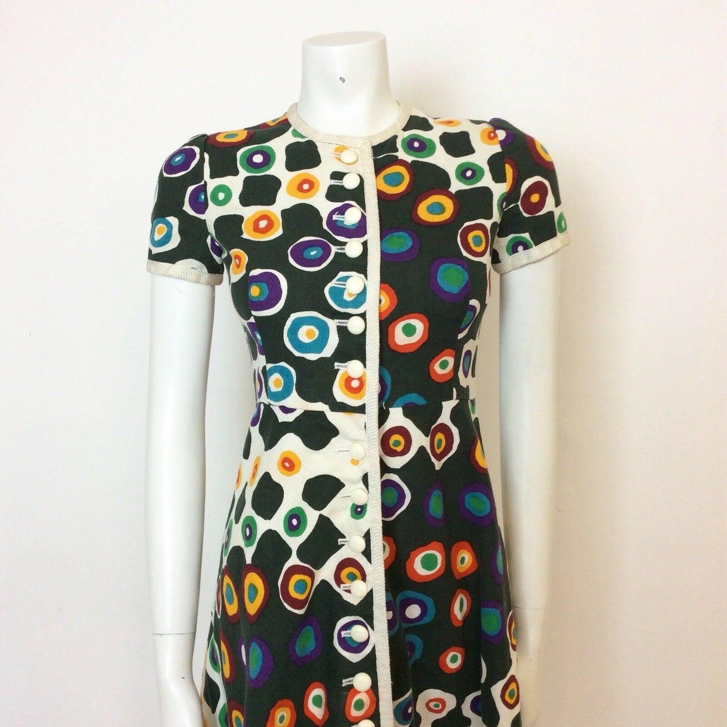 VINTAGE 60S LANVIN BUTTON FRONT OP ART ABSTRACT PRINT DRESS 6 8