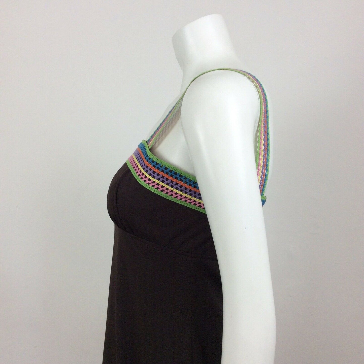 60S 70S VINTAGE BOHO BROWN RAINBOW CROCHET MAXI DRESS 6 8